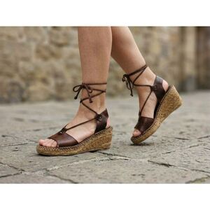 Eric Michael Made in Spain Brown Leather Lace Up Espadrille Wedge Sandals US 8